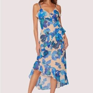 Lost + Wander Blue and White Asymmetrical Ruffled Sundress